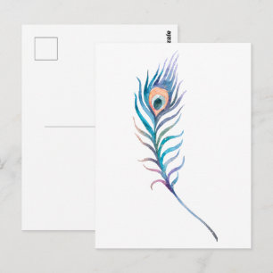 Blaue Aquarell-Pfauenfeder-Illustration Postkarte