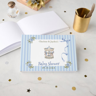 Blaue Aquarell-Pferdekarussell-Baby-Party Gästebuch