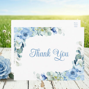 Blaue Aquarell-Rosen-Hochzeit Danke Postkarte