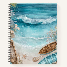 BLAUE AQUARELL-SOMMERSTRANDSZENE MIT BOOTEN NOTIZBUCH
