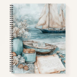 BLAUE AQUARELL-STRANDSZENE MIT SEGELBOOT NOTIZBUCH