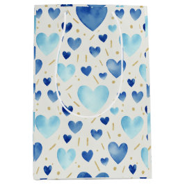 Blaue Aquarell- und Gold-Glitter-Herzen-Muster Mittlere Geschenktüte