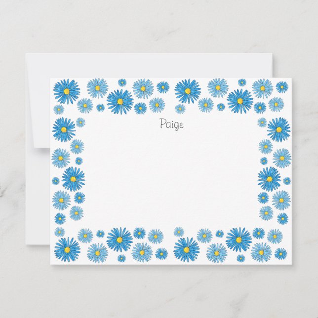 Blaue Aquarell und Pen Asters Garland Rahmen Mitteilungskarte (Vorderseite)