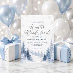 Blaue Aquarell-Wald-Winter-Wunderland-Geburtstag Einladung