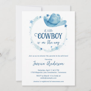 Blaue Aquarell-Western-Cowboyhut-Baby-Party  Einladung