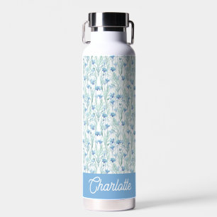 Blaue Aquarell-Wildblumen benutzerdefinierter Name Trinkflasche