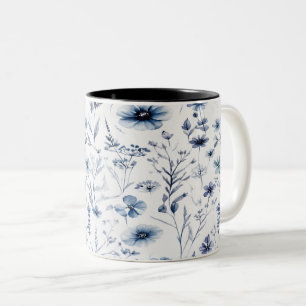 Blaue Aquarell-Wildblumen-Botanik-Tasse Zweifarbige Tasse