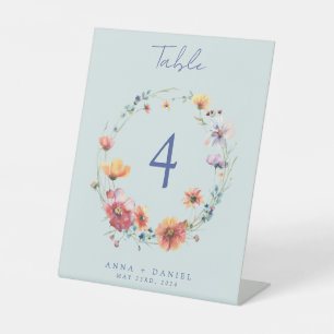 Blaue Aquarell-Wildblumen-Hochzeitstisch-Nummer Sockelschild