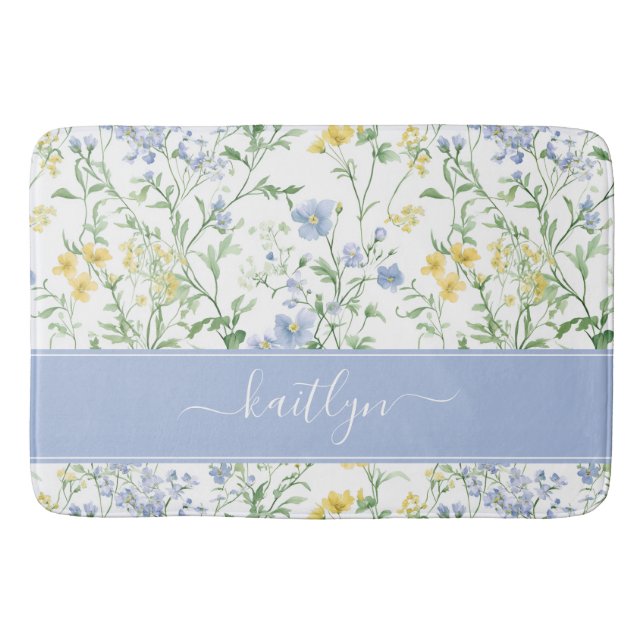 Blaue Aquarell-Wildblumen-Monogramm Badematte (Vorderseite)