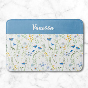 Blaue Aquarell-Wildblumen-Monogramm-Name Badematte