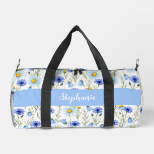 Blaue Aquarell-Wildblumen-Monogramm-Name Duffle Bag