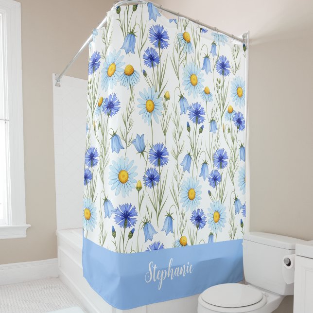 Blaue Aquarell-Wildblumen-Monogramm-Name Duschvorhang (Von Creator hochgeladen)