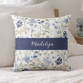 Blaue Aquarell-Wildblumen-Monogramm-Name Kissen