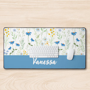 Blaue Aquarell-Wildblumen-Monogramm-Name Schreibtischunterlage