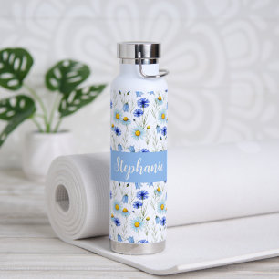 Blaue Aquarell-Wildblumen-Monogramm-Name Trinkflasche
