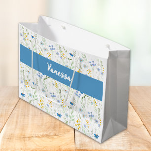 Blaue Aquarell-Wildblumen-Name-Monogramm Große Geschenktüte