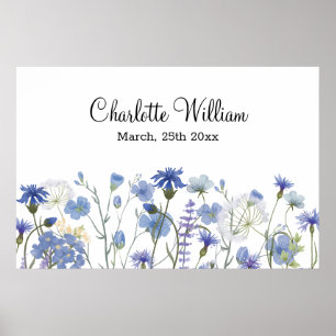 Blaue Aquarell-Wildblumengarten-Babyzimmer Poster