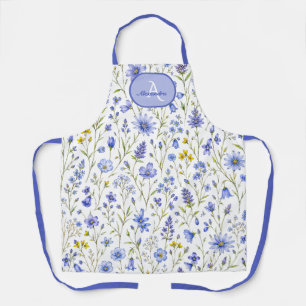 Blaue Aquarell-Wildblumenmuster mit individuellem Schürze