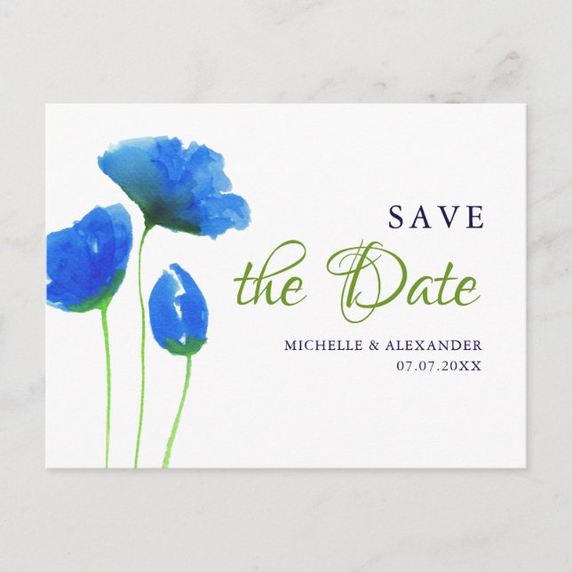 Blaue Aquarell Wilde Blume. Datum freihalten Postkarte (Vorderseite)