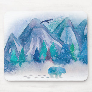 Blaue Aquarell-Winter-Berglandschaftskunst Mousepad