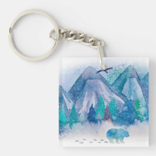 Blaue Aquarell-Winter-Berglandschaftskunst Schlüsselanhänger