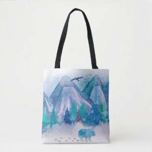 Blaue Aquarell-Winter-Berglandschaftskunst Tasche