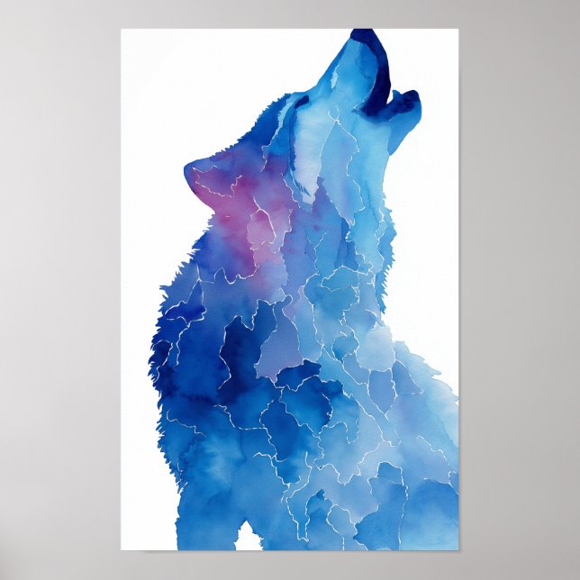 Blaue Aquarell-Wolfsheulen Poster (Vorne)