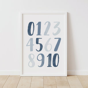Blaue Aquarell-Zahlen Erzieherische Kinderzimmer-D Poster