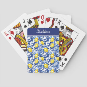 Blaue Aquarell-Zitronen-Muster-Monogramm Spielkarten