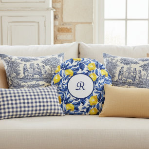 Blaue Aquarell-Zitronenmuster-Monogramm Rundes Kissen