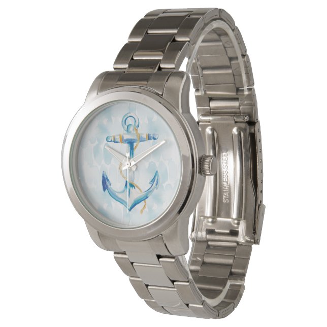 Blaue Aquarellanschor Armbanduhr (Schrägansicht)