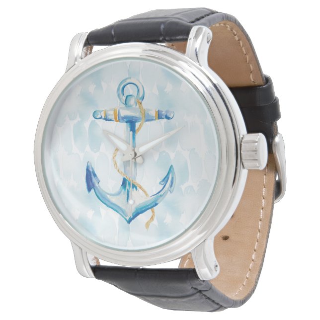 Blaue Aquarellanschor Armbanduhr (Schrägansicht)