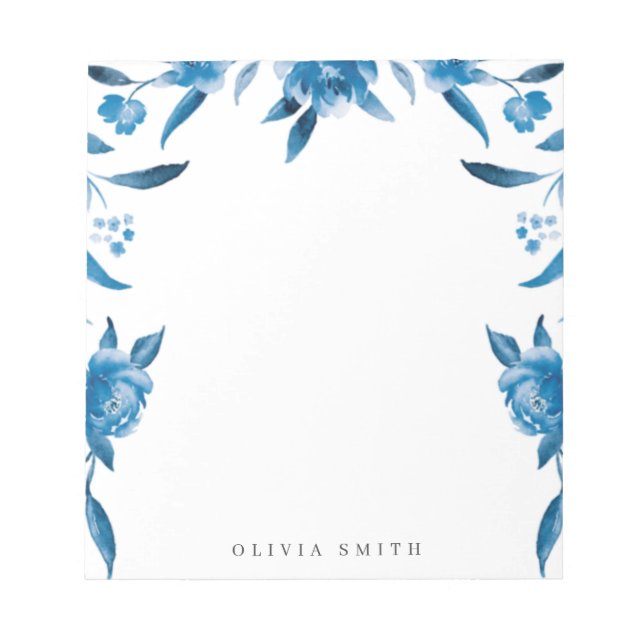 Blaue Aquarellblume Personalisiert Stationierung Notizblock (Vorderseite)