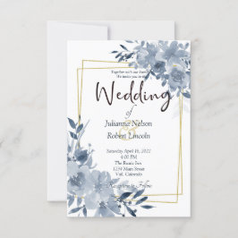 Blaue Aquarellblume und goldene Rahmen Hochzeitsfe Einladung