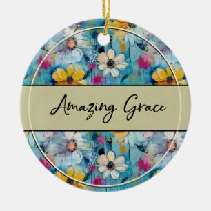 Blaue Aquarellblumen Amazing Grace Keramik Ornament