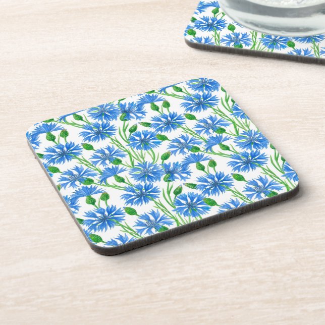 Blaue Aquarellblumen, weiße Blume Getränkeuntersetzer (Linke Seite)