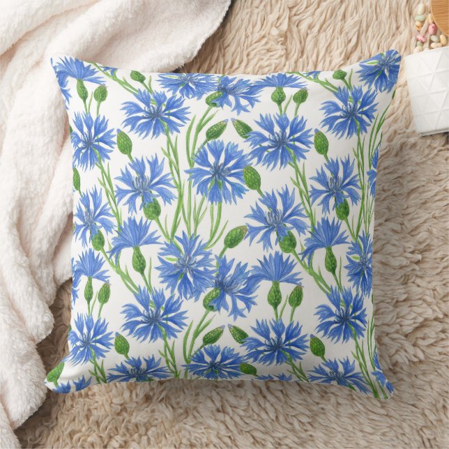 Blaue Aquarellblumen, weiße Blume Kissen (Decke)