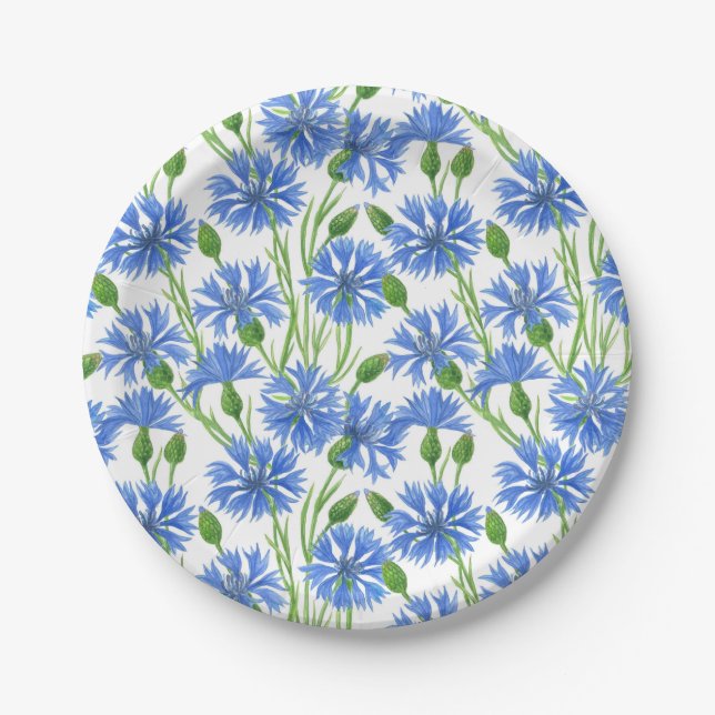 Blaue Aquarellblumen, weiße Blume Pappteller (Vorderseite)