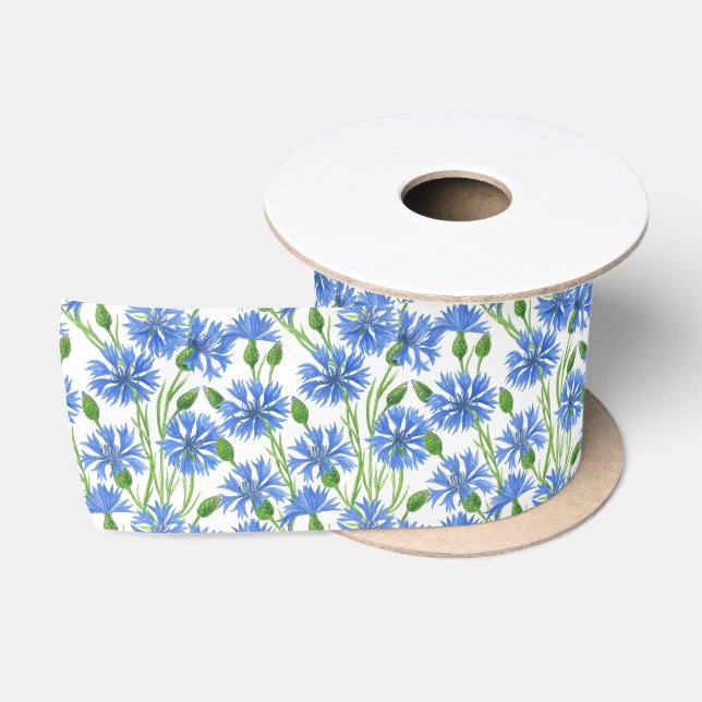Blaue Aquarellblumen, weiße Blume Satinband (Spule)