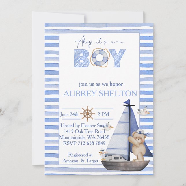 Blaue Aquarellbrasse Segelboot Babydusche Einladung (Vorderseite)