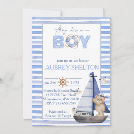 Blaue Aquarellbrasse Segelboot Babydusche Einladung