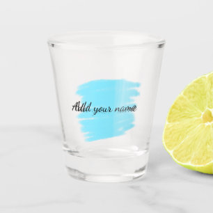 Blaue Aquarellfarbe: Namensschild hier werfen Schnapsglas