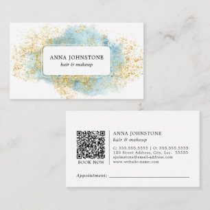 Blaue Aquarellfarbe und Gold-QR-Code Termin Visitenkarte