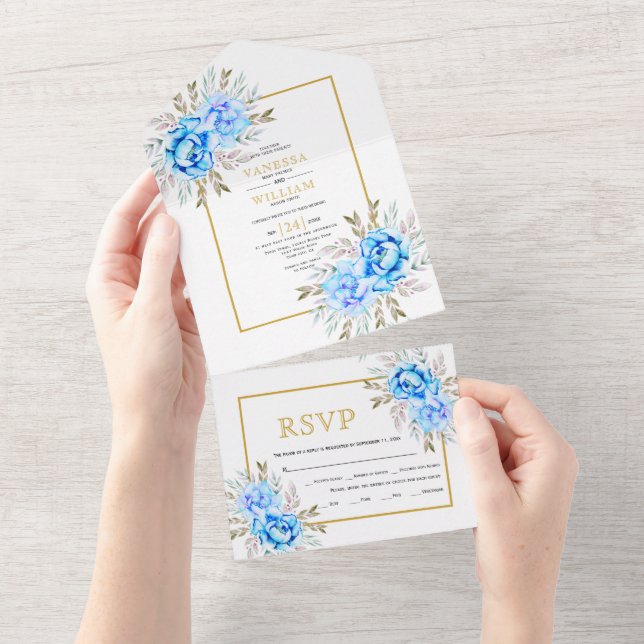 Blaue Aquarellfarben-Blume All In One Einladung (Abreißen)