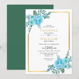 Blaue Aquarellfarben-Blume, Goldrahmen Blumenhochz Einladung