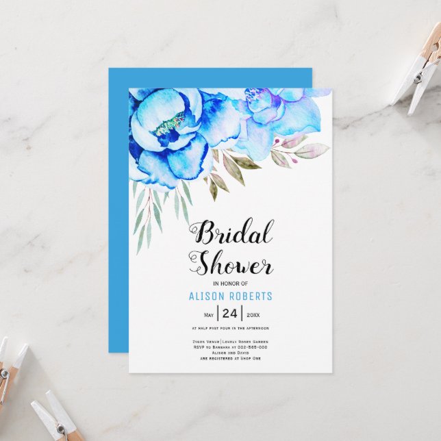 Blaue Aquarellfarben Blume Hochzeit Brautparty Einladung (Vorderseite/Rückseite Beispiel)