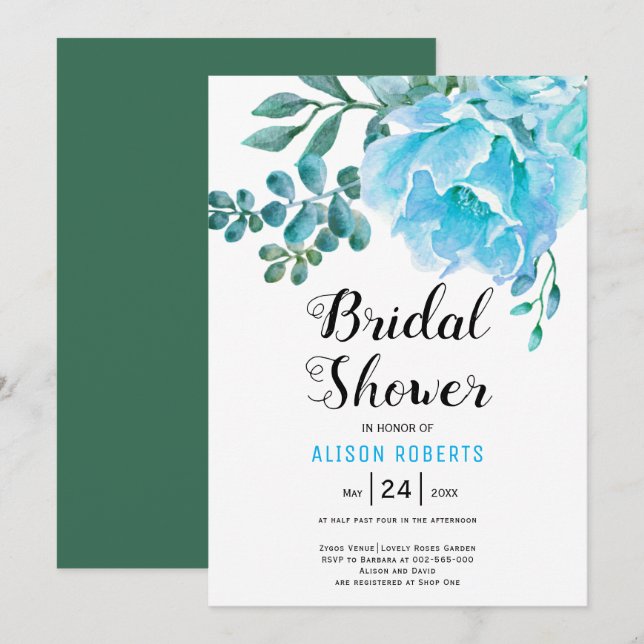 Blaue Aquarellfarben Blume Hochzeit Brautparty Einladung (Vorne/Hinten)