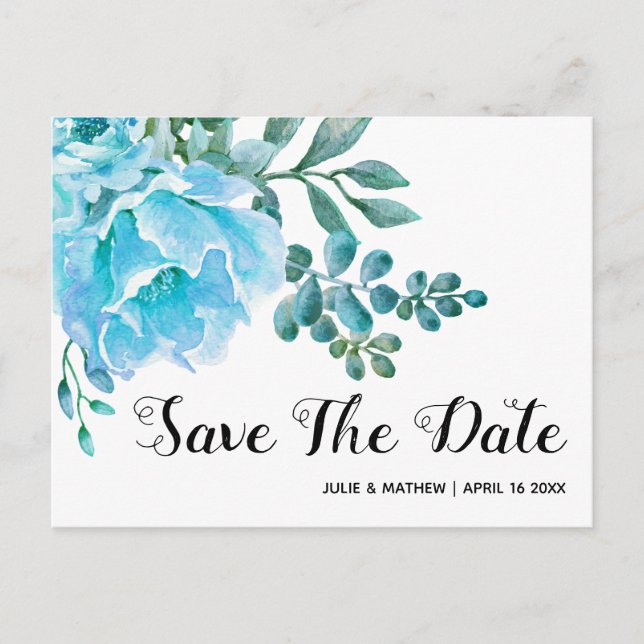 Blaue Aquarellfarben Blume Hochzeit Sichern des Da Ankündigungspostkarte (Vorderseite)