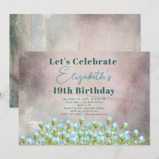 Blaue Aquarellfarben Blume Rustikaler Hintergrund Einladung (Vorne/Hinten)