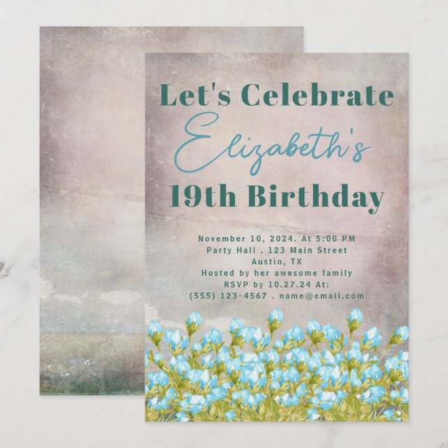 Blaue Aquarellfarben Blume Rustikaler Hintergrund Einladung (Vorne/Hinten)